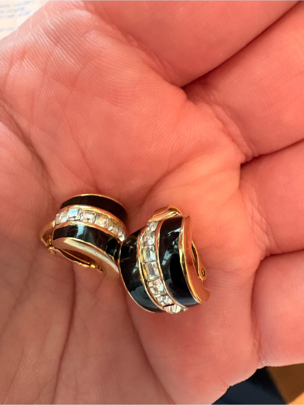 Christian Dior Vintage Black Enamel, rhinestone Clip-On Earrings with COA